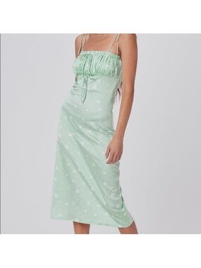 For Love & Lemons - Robin Midi Dress - Silk Green Floral Print Dress - Small